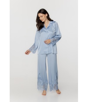 Pijama set mujer satén azul amplio vista frontal